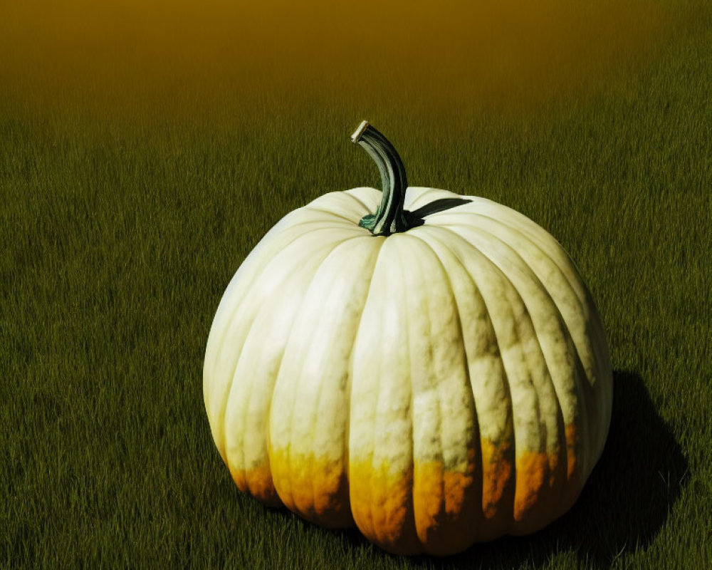 White Ribbed Pumpkin on Green Grass Under Orange Sky