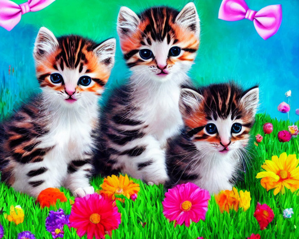 Three kittens with blue eyes and bows in a flower field on blue-green backdrop