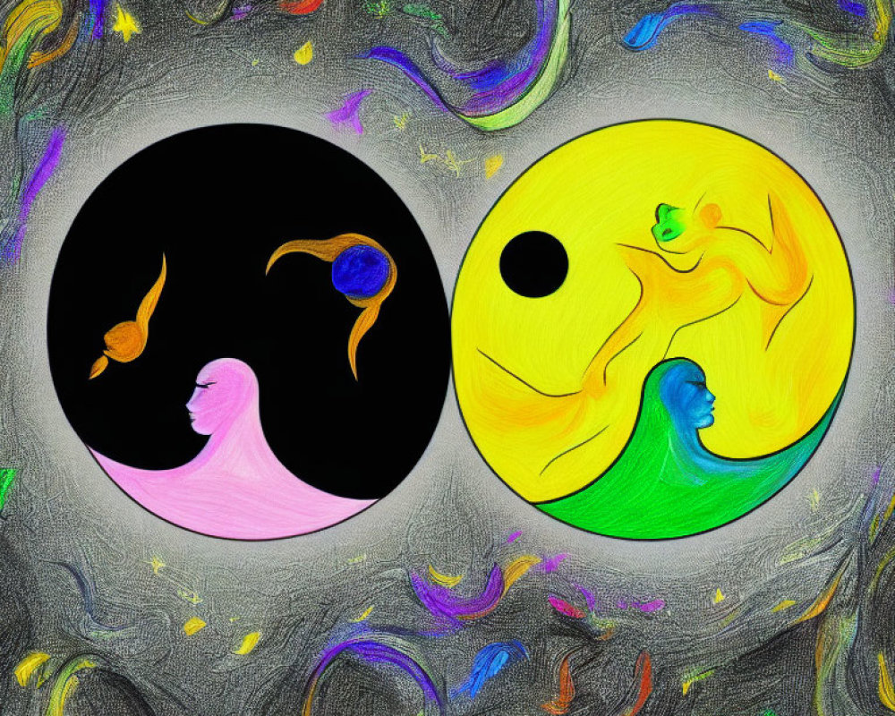 Vibrant Yin-Yang Symbol with Human-like Figures on Colorful Abstract Background