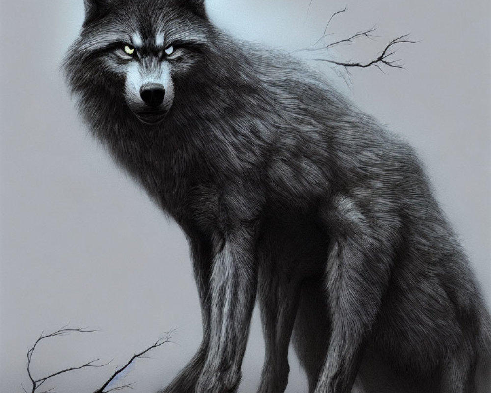 Detailed Monochromatic Wolf with Blue Eyes Against Branch Backdrop