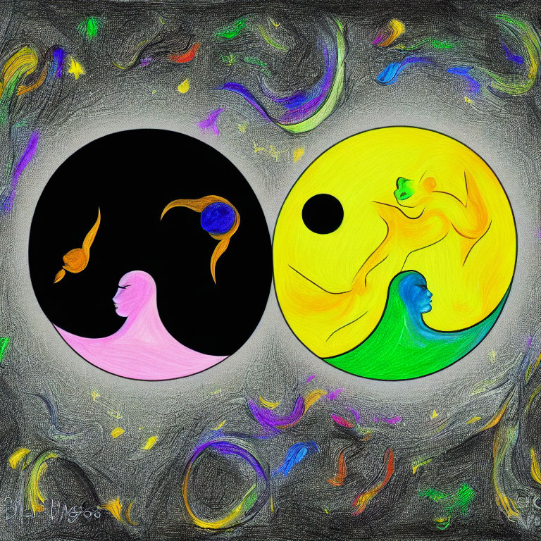 Vibrant Yin-Yang Symbol with Human-like Figures on Colorful Abstract Background