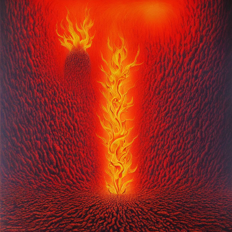 Vibrant red and orange abstract fiery artwork with flame-like form on textured background