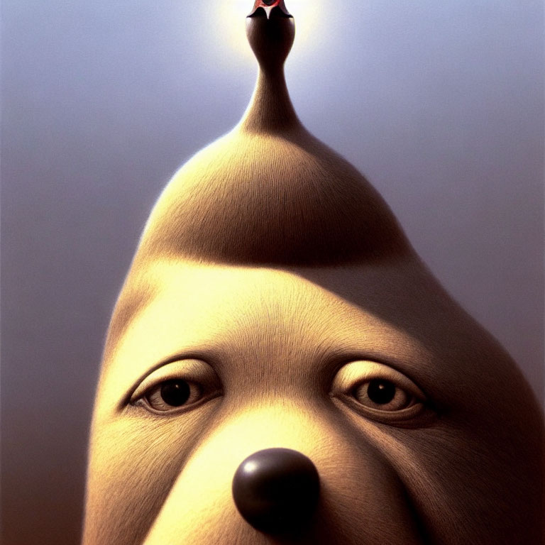 Whimsical animation featuring figure with large head and small eyes