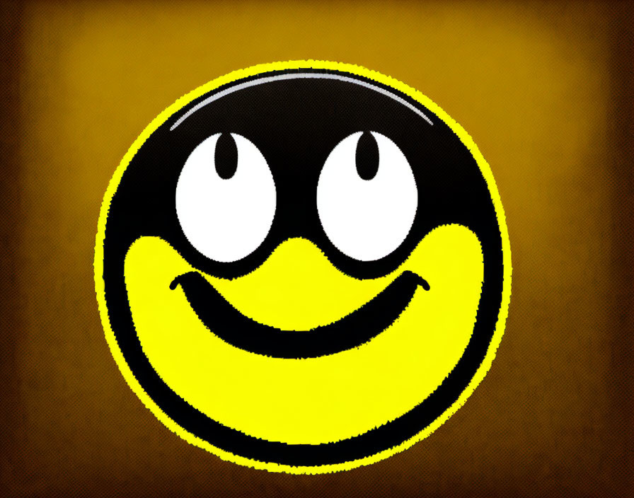 Stylized smiling face with wide eyes and broad grin on yellow and black background