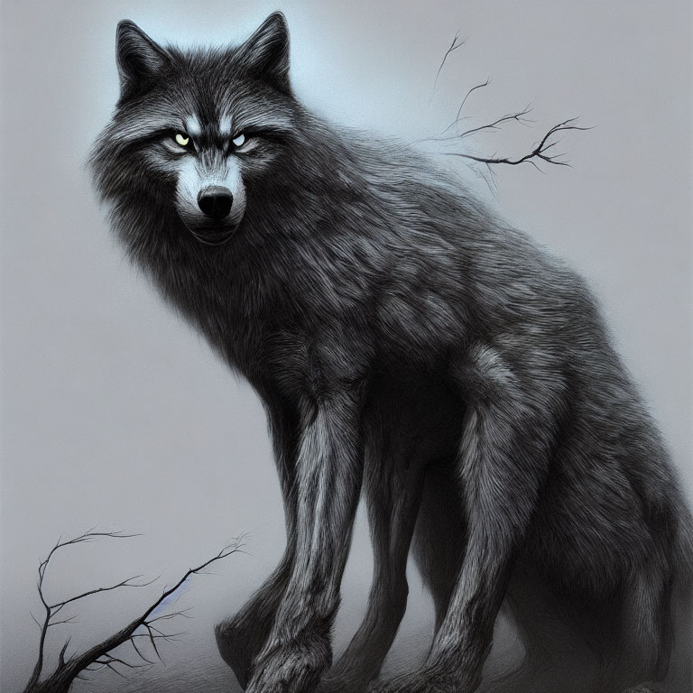 Detailed Monochromatic Wolf with Blue Eyes Against Branch Backdrop