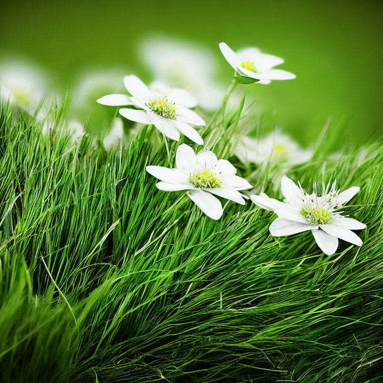 White Flowers with Yellow Centers in Green Grass on Blurred Background