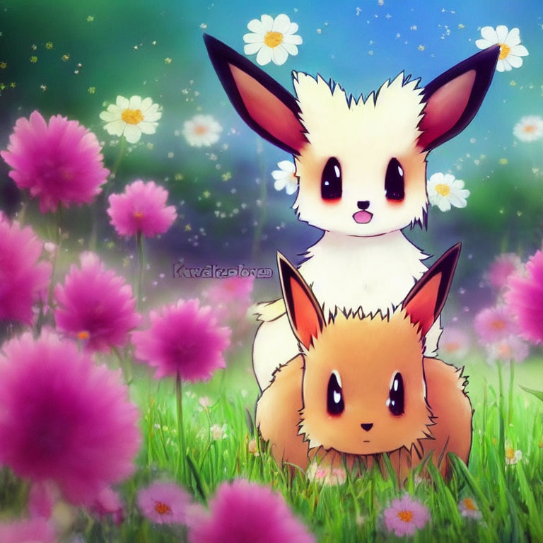 Animated fox-like creatures in pink flower field under blue sky