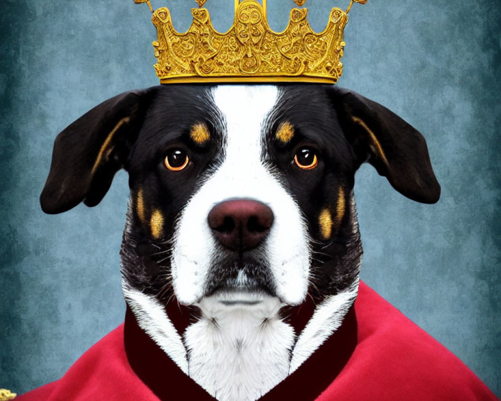 Black and white dog in red robe and golden crown on blue textured background