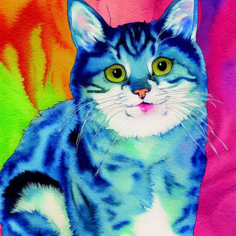 Vibrant watercolor painting of cat with blue stripes on multicolored background