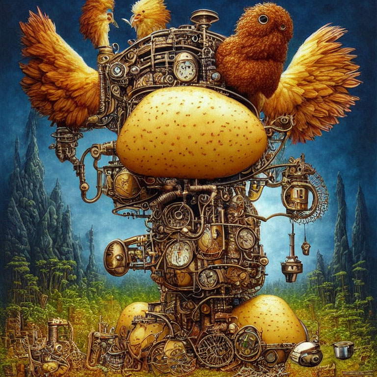 Steampunk contraption with egg centerpiece and owl motif