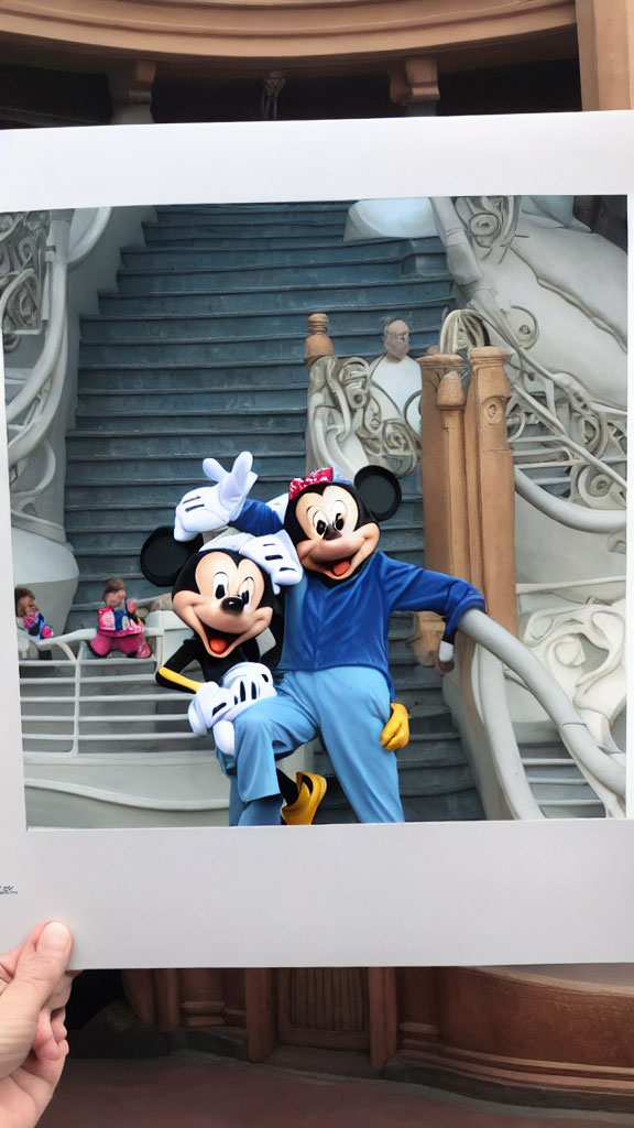 Cartoon characters on grand staircase with seated visitors