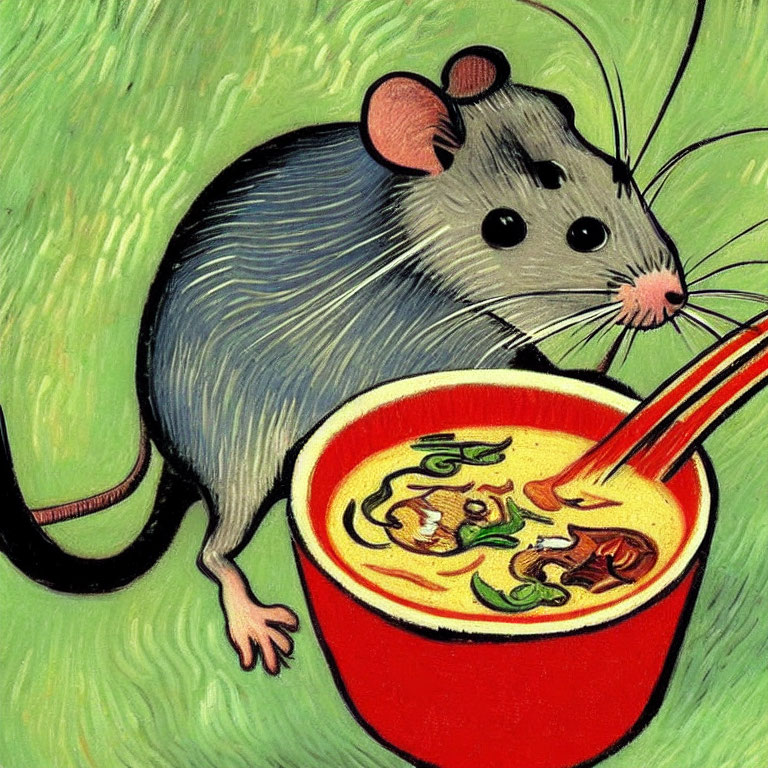 Gray Mouse Curiously Peering at Steaming Ramen Noodles