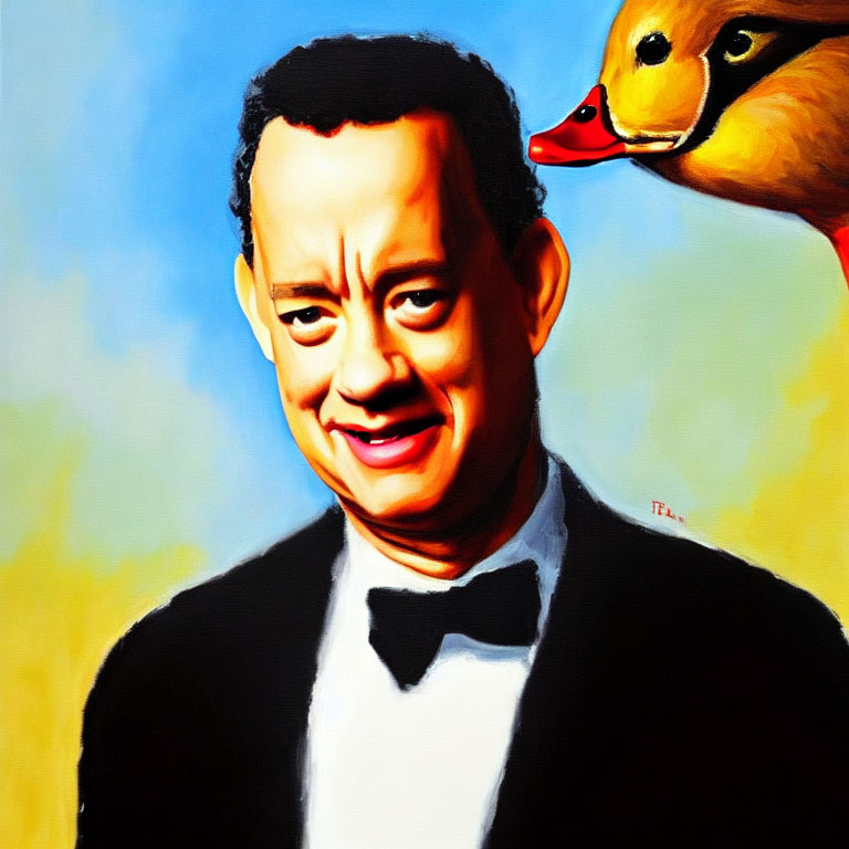 Vibrant painting of man in tuxedo with duck on shoulder on colorful backdrop