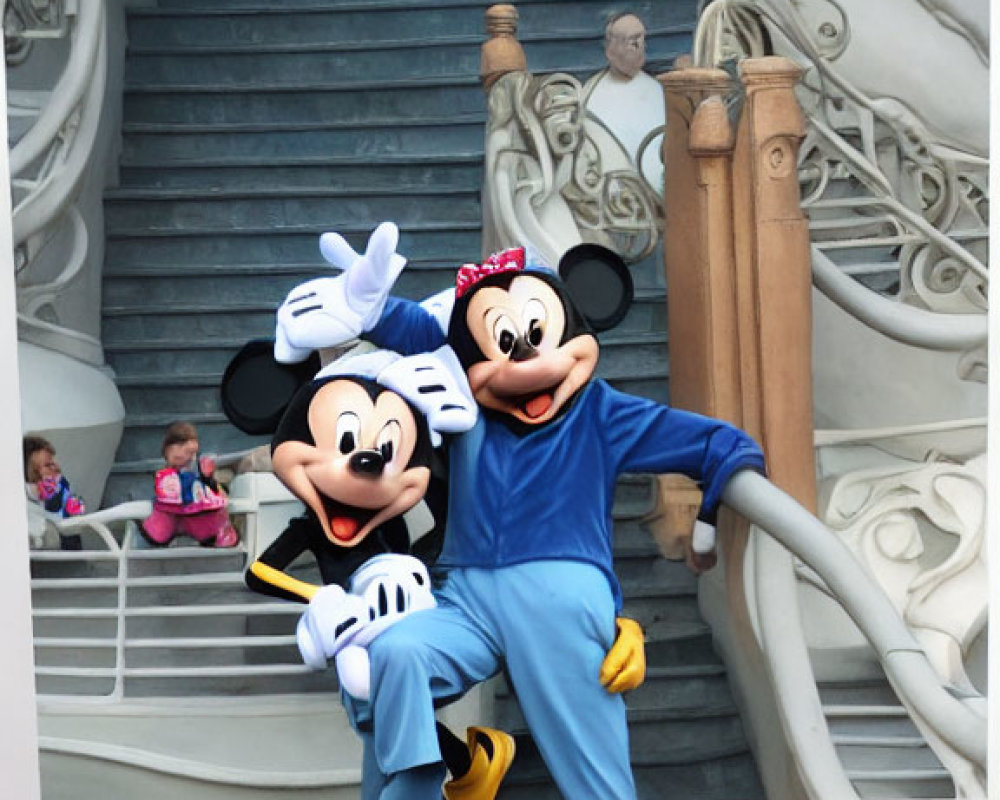 Cartoon characters on grand staircase with seated visitors