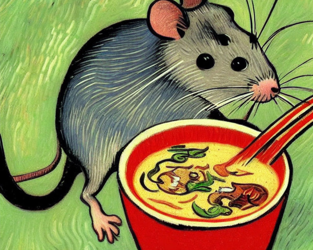 Gray Mouse Curiously Peering at Steaming Ramen Noodles