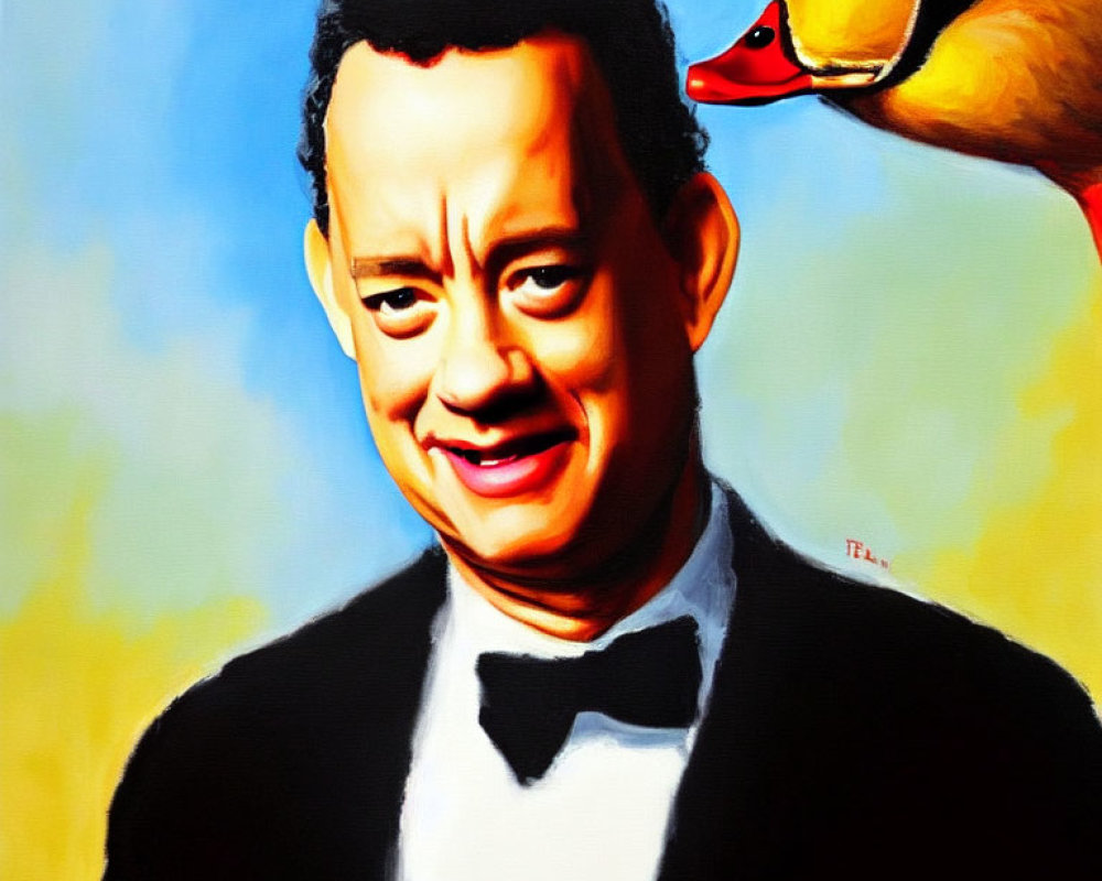 Vibrant painting of man in tuxedo with duck on shoulder on colorful backdrop