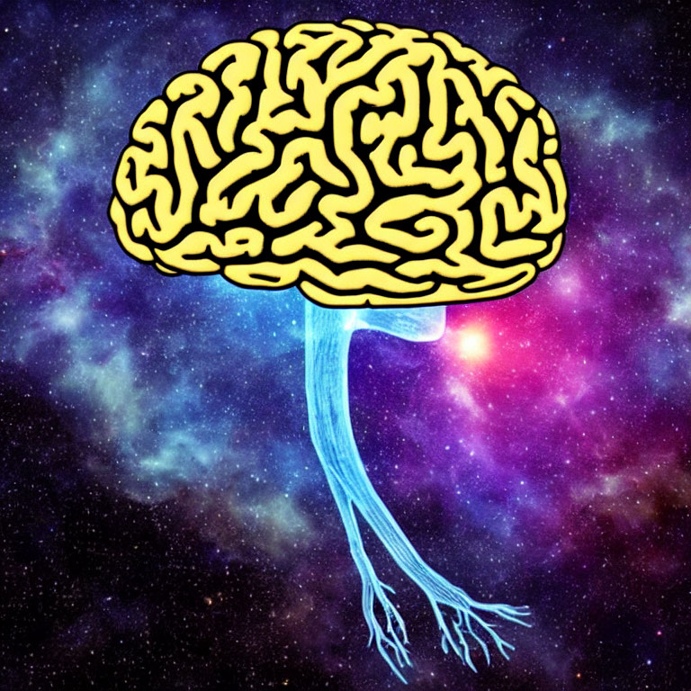 Brain with tree-like stem in cosmic space background symbolizing interconnectivity