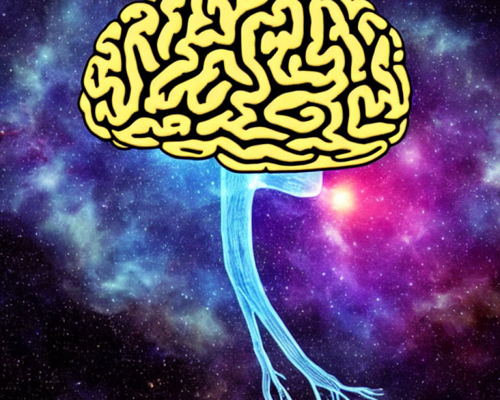 Brain with tree-like stem in cosmic space background symbolizing interconnectivity