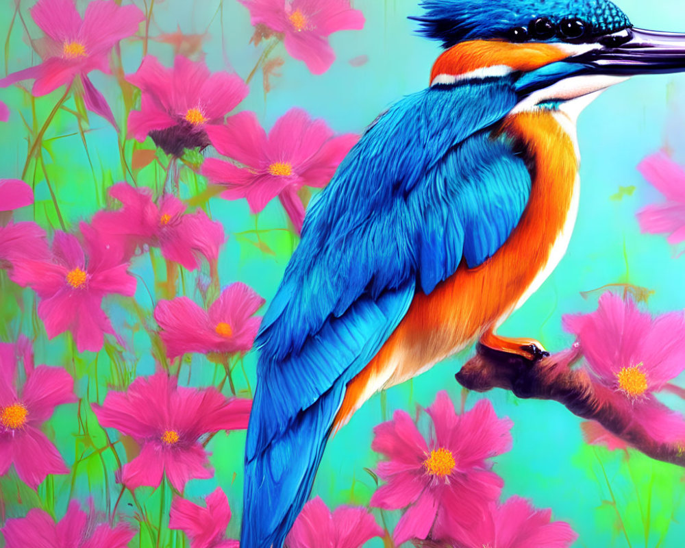 Colorful Kingfisher Bird Illustration on Branch with Flowers and Teal Background