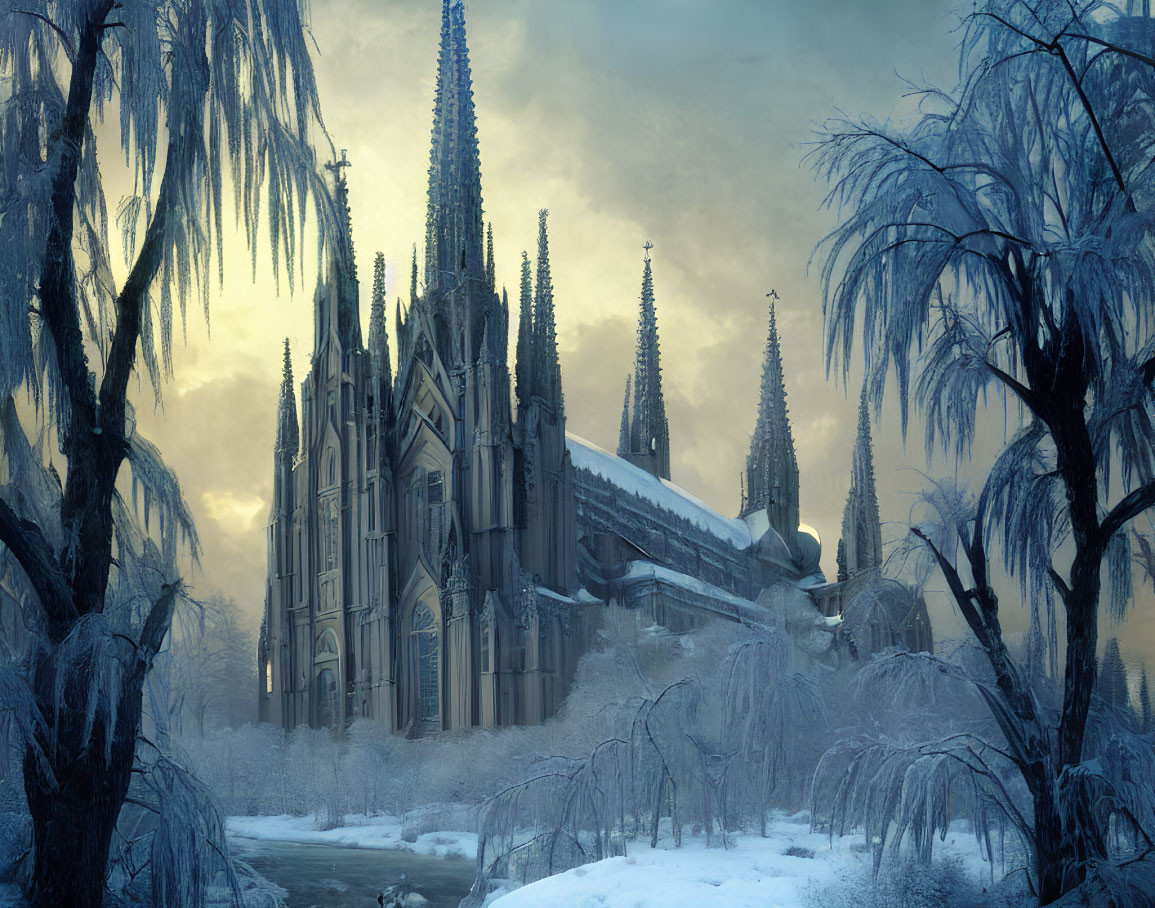 Gothic cathedral in winter landscape with frost-covered trees