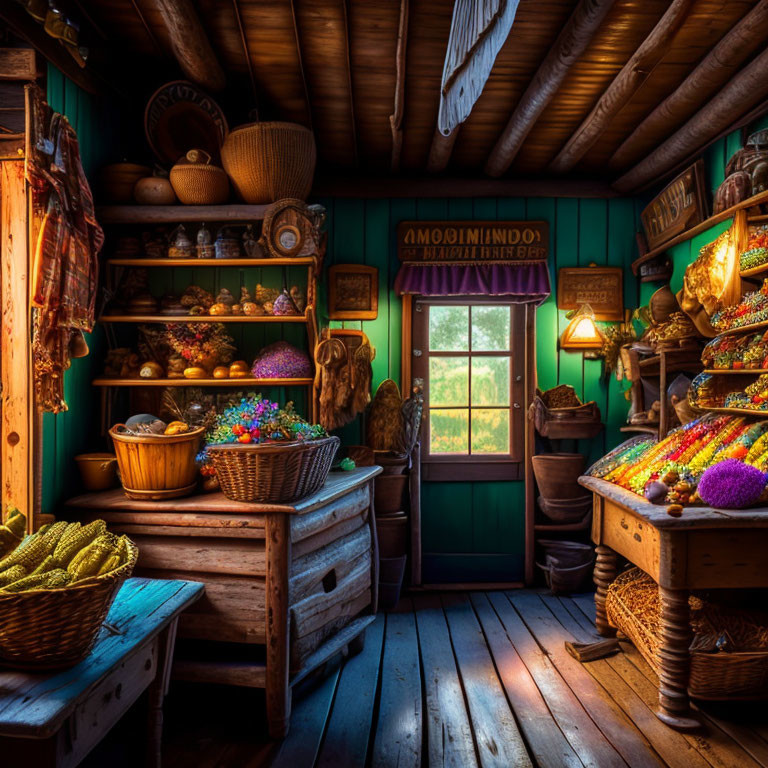 Rustic wooden cabin interior with colorful fruits and vegetables on display