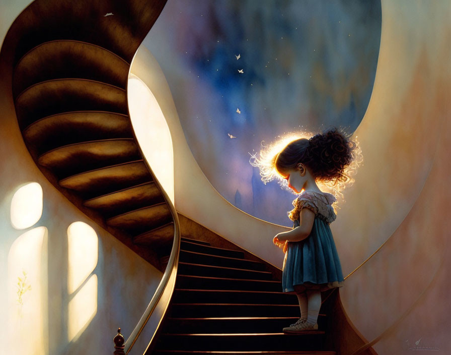 Young girl in blue dress on spiral staircase with butterflies and birds in warm, ethereal setting