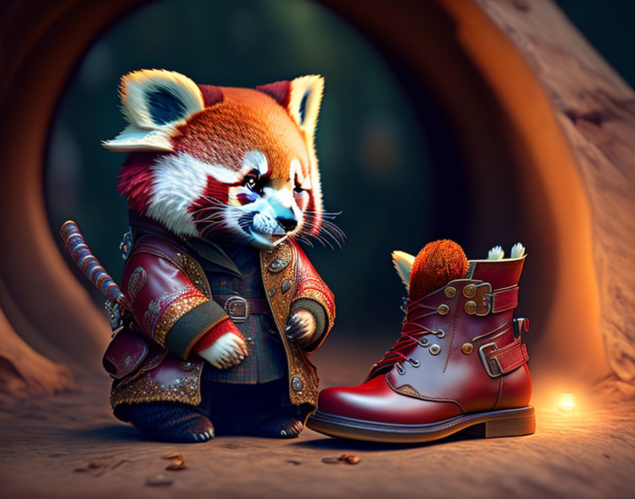 Medieval attire red panda next to large red boot in enchanted forest