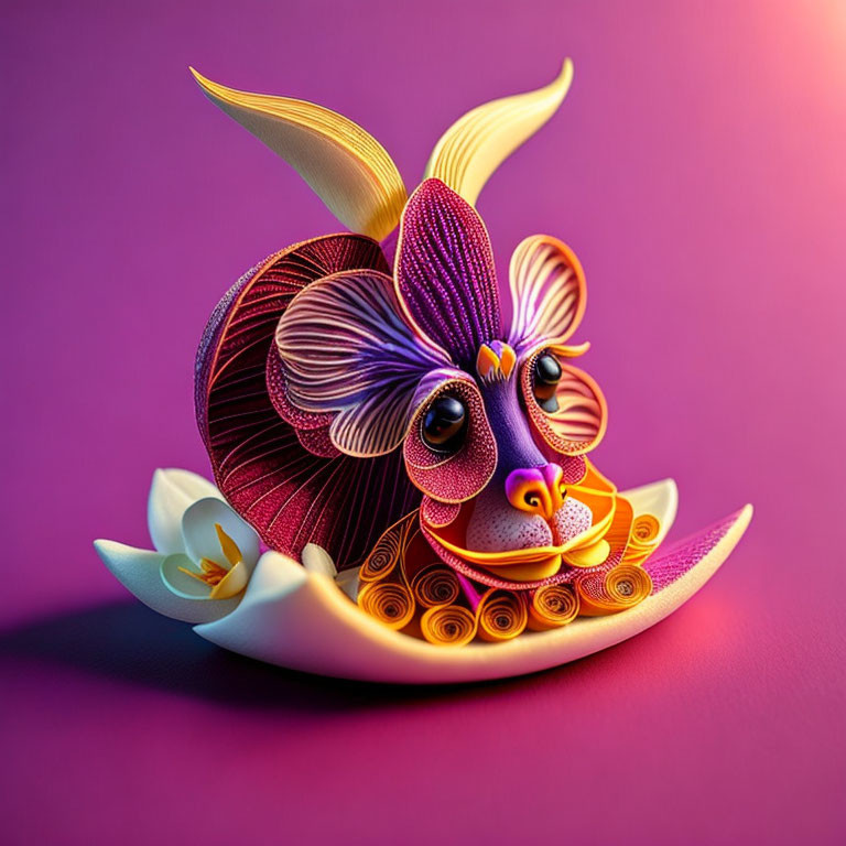 Whimsical paper art sculpture of creature with large eyes and ornate petals on purple background