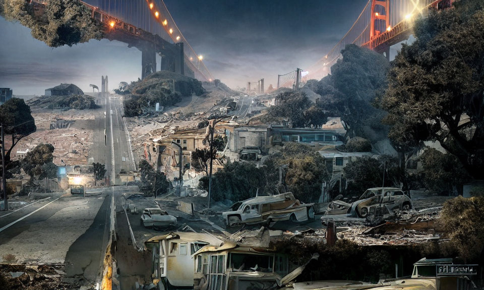 Deserted post-apocalyptic city with wrecked vehicles and intact bridge.