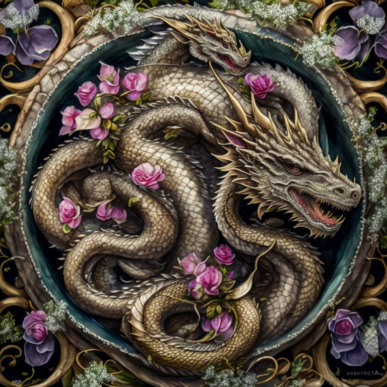 Detailed Artwork: Coiled Dragon with Flowers and Ornate Borders