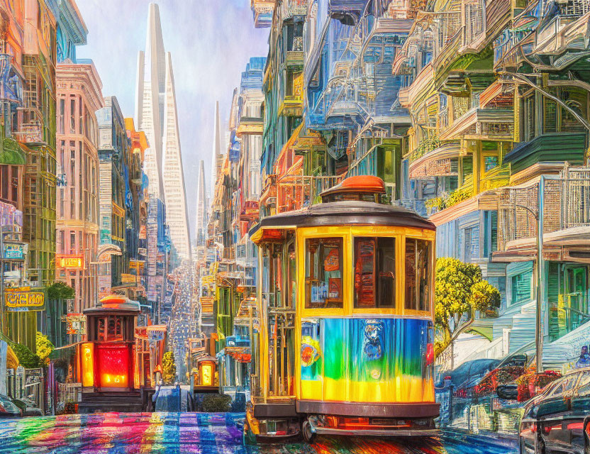 Colorful San Francisco Street View with Cable Cars & Victorian Houses