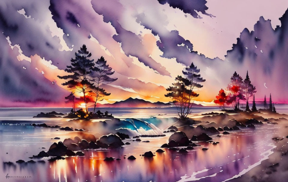Scenic sunset watercolor: river, trees, mountain
