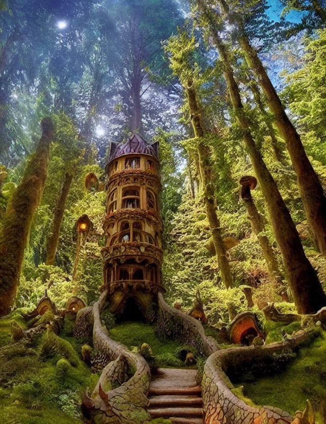 Whimsical treehouse with intricate designs in an enchanting forest