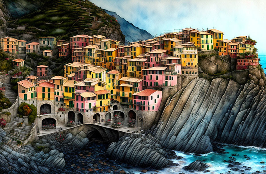 Vibrant cliffside buildings with stone bridge over turquoise waters