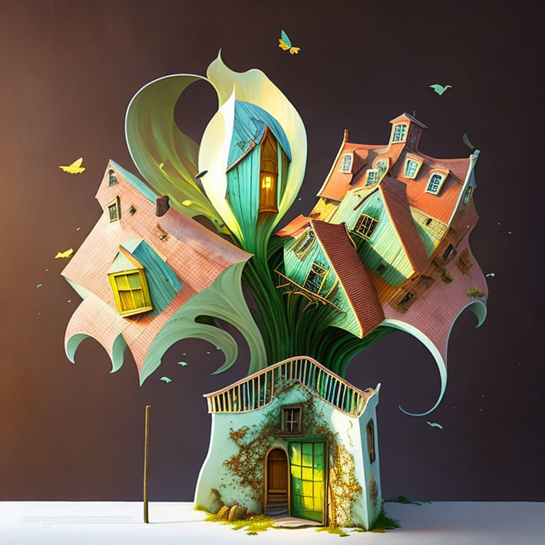 Colorful paper art of twisted house with glowing windows & butterflies.