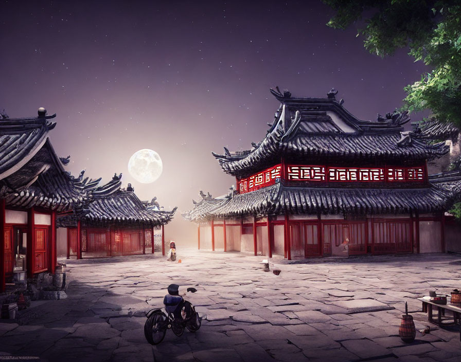 Moonlit East Asian Architecture with Intricate Rooftops, Bicycle, and Lonely Figure