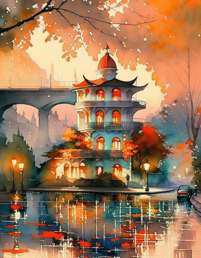 Colorful Watercolor: Ornate Building by River, Autumn Tree Canopy & Bridge