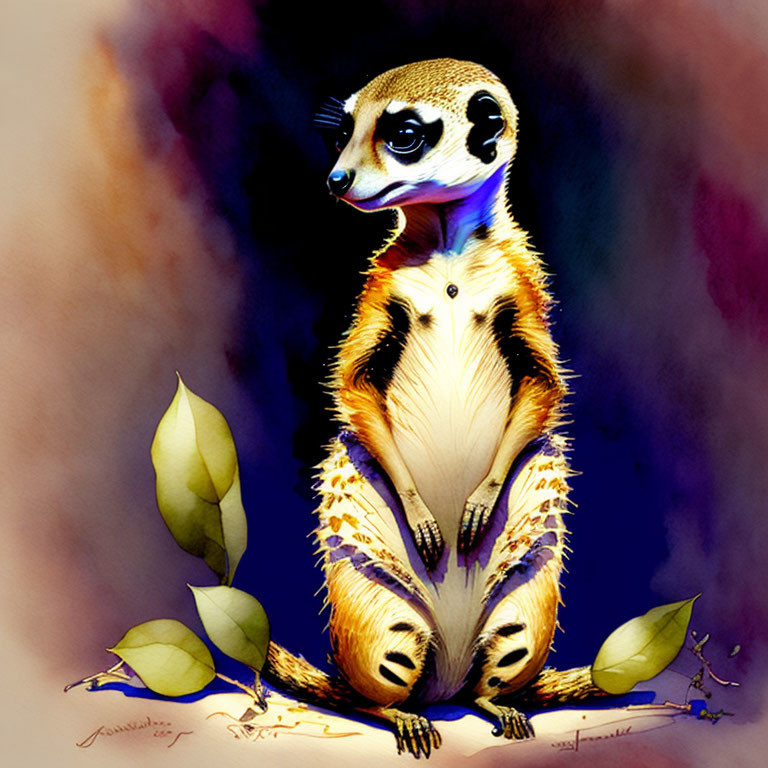 Illustrated meerkat in purple hues with shadows, highlights, and leaves.