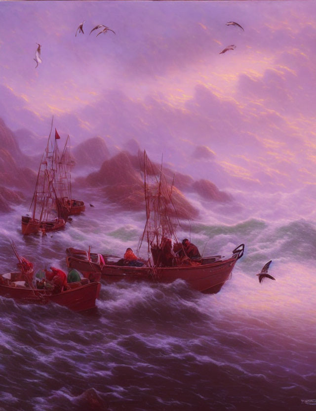 Sailing ships in purple waters with seagulls in misty twilight