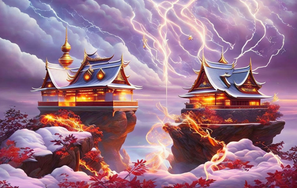 Asian-style temples on floating rocks in purple skies with lightning and lava flows