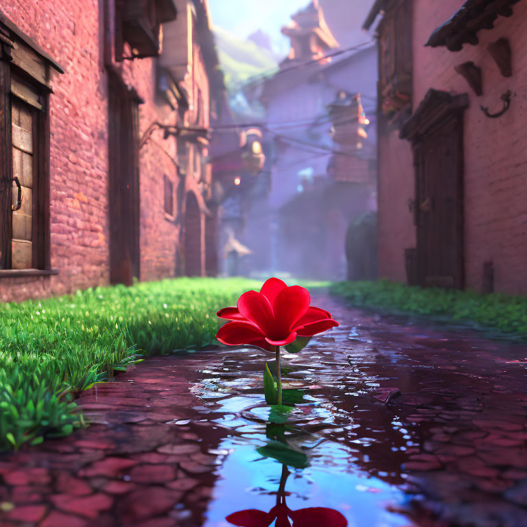 Vibrant red flower in cobblestone alley with traditional buildings