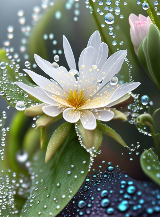 Close-up white flower with yellow center and water droplets on petals and leaves.