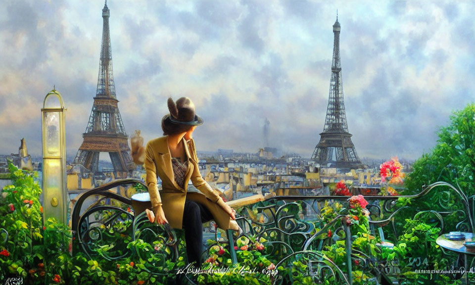 Person in hat on bench with multiple Eiffel Towers in Paris scenery.