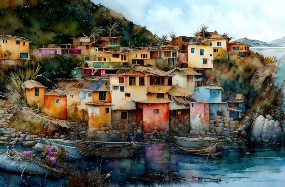 Colorful Watercolor Painting of Hillside Village & Waterfront Boats