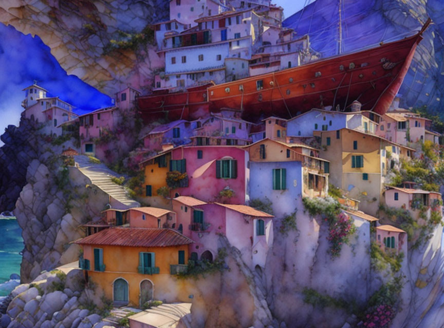 Colorful Cliffside Village Painting with Ship Above