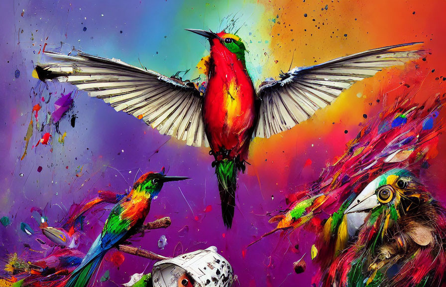 Colorful hummingbirds in flight with dynamic paint splashes and abstract elements