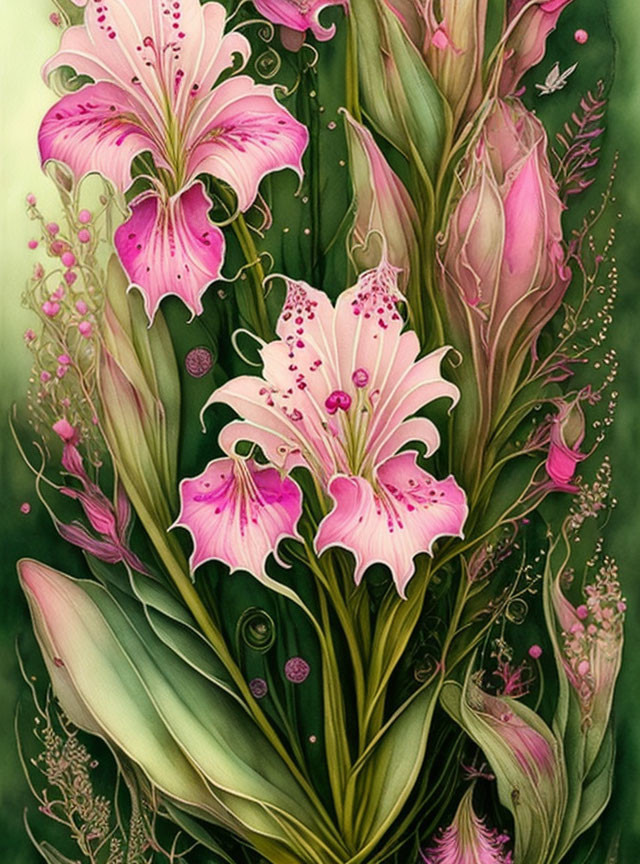 Detailed Pink Lilies Illustration with Green Leaves on Soft Green Background