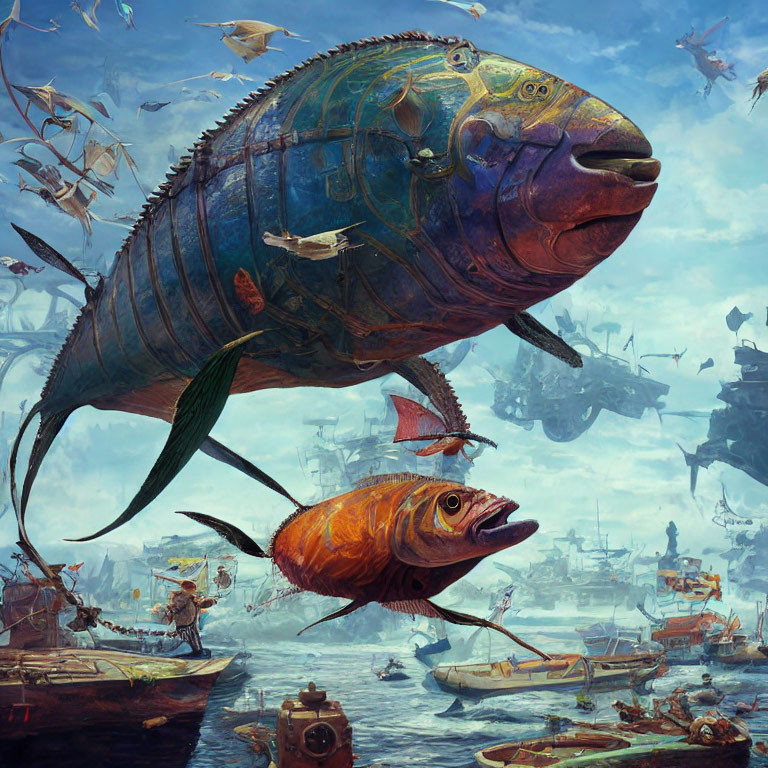 Colorful underwater scene with oversized fish and submerged structures