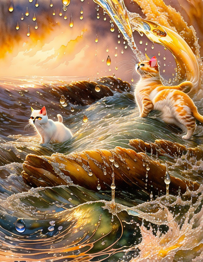 Two cats in party hats on wooden plank surrounded by splashing water.