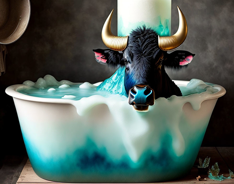 Black yak with large horns in pink ears in overflowing blue water